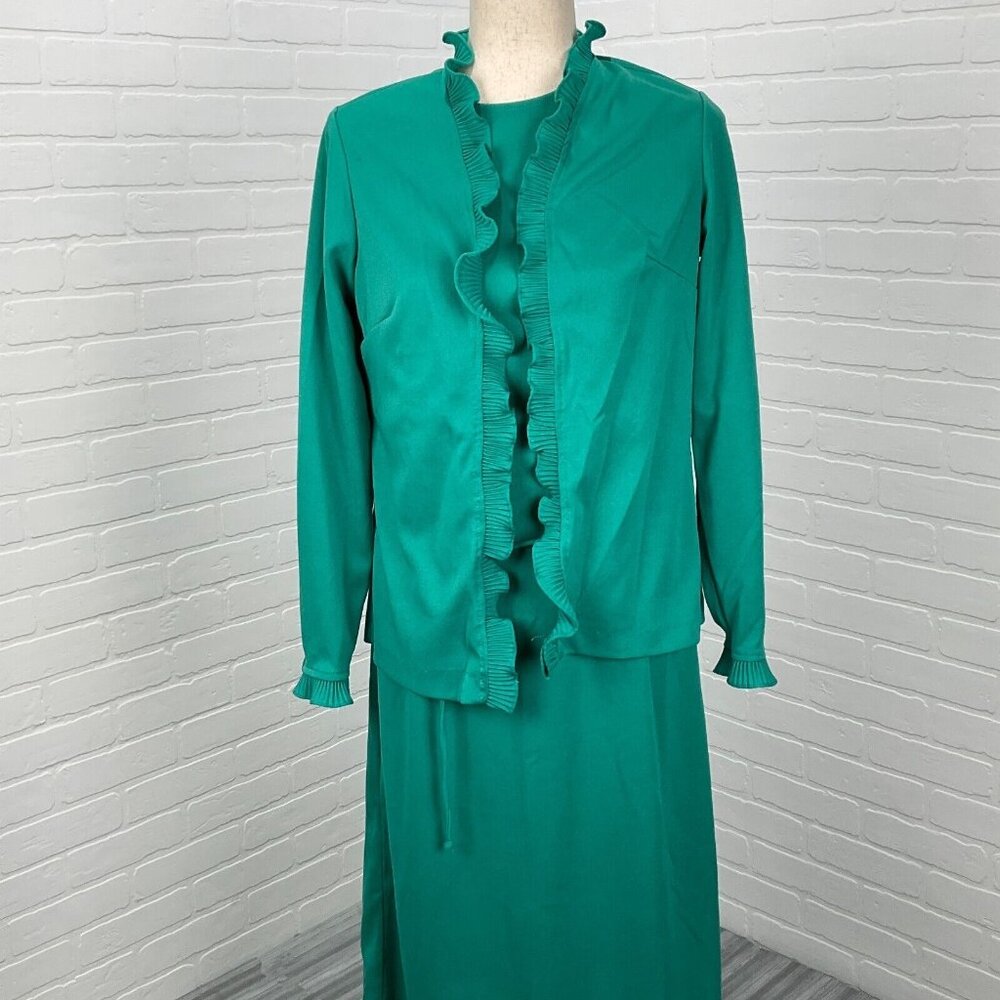 NPC Fashions Dress Jacket Set Women 14 Green Shift‎ Ruffle Career Retro 70s VTG